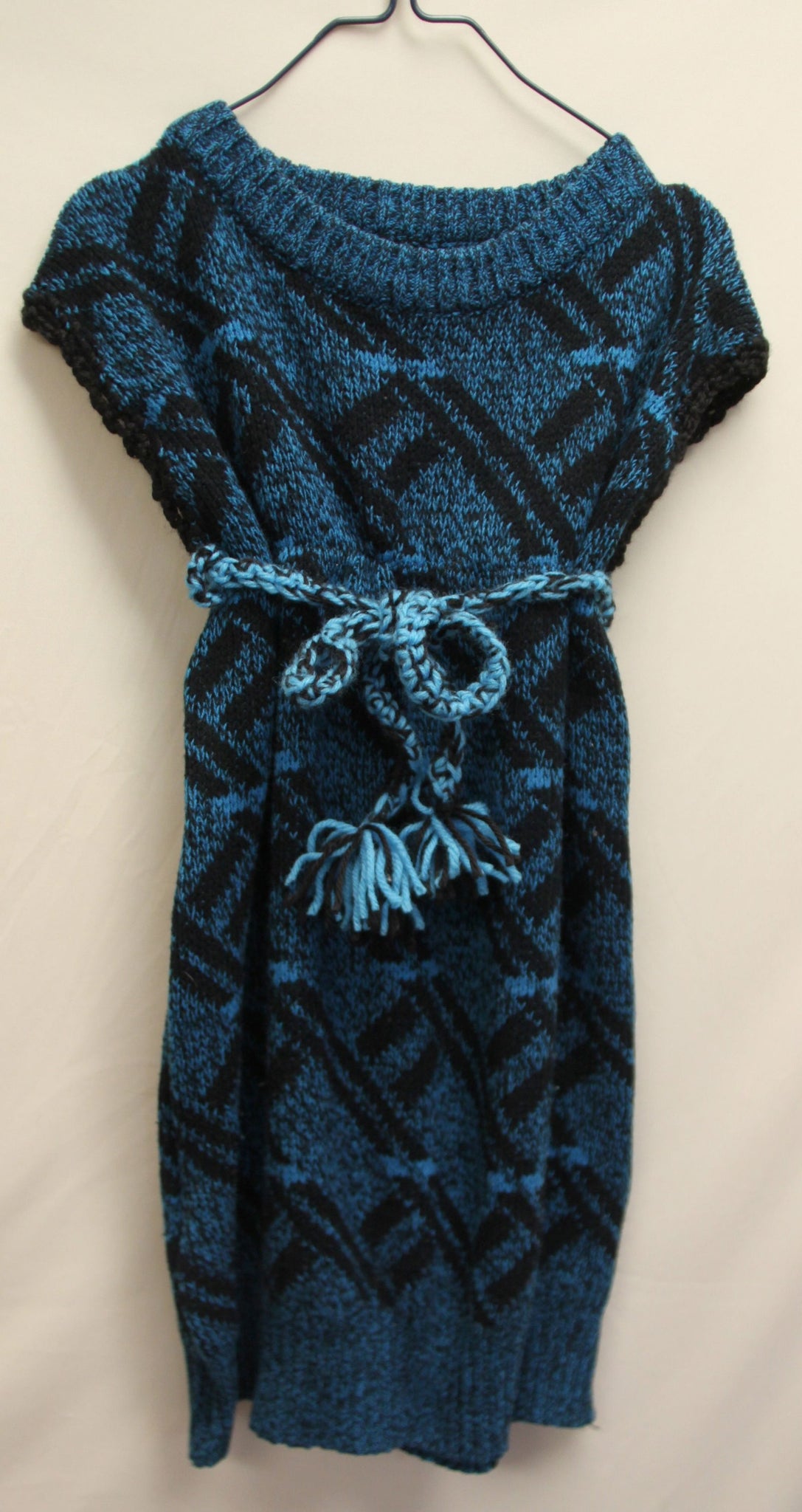 Hand Knit Girls Jumper Dress Blue and Black Pattern Hand Knit Girls Jumper Dress Blue and Black Pattern