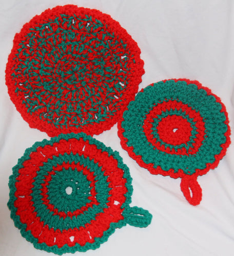 Pot Holders Hot Pad Set of 3 Red Green Hand Crocheted - NW Camo 
