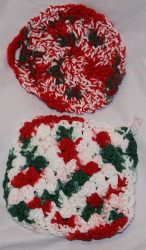 Pot Holders Set of 2 Red Green and White Hand Crocheted - NW Camo 