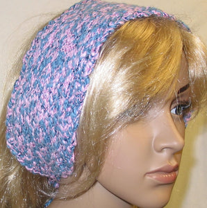 Bandana Headband Hand Knit Blue and Pink Cotton - nw-camo