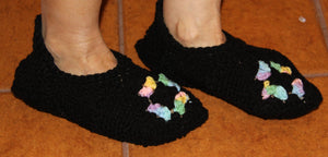 Slippers Black -Crocheted in Granny Squares with Floral Design - nw-camo
