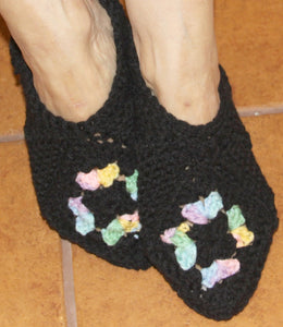 Slippers Black -Crocheted in Granny Squares with Floral Design - nw-camo