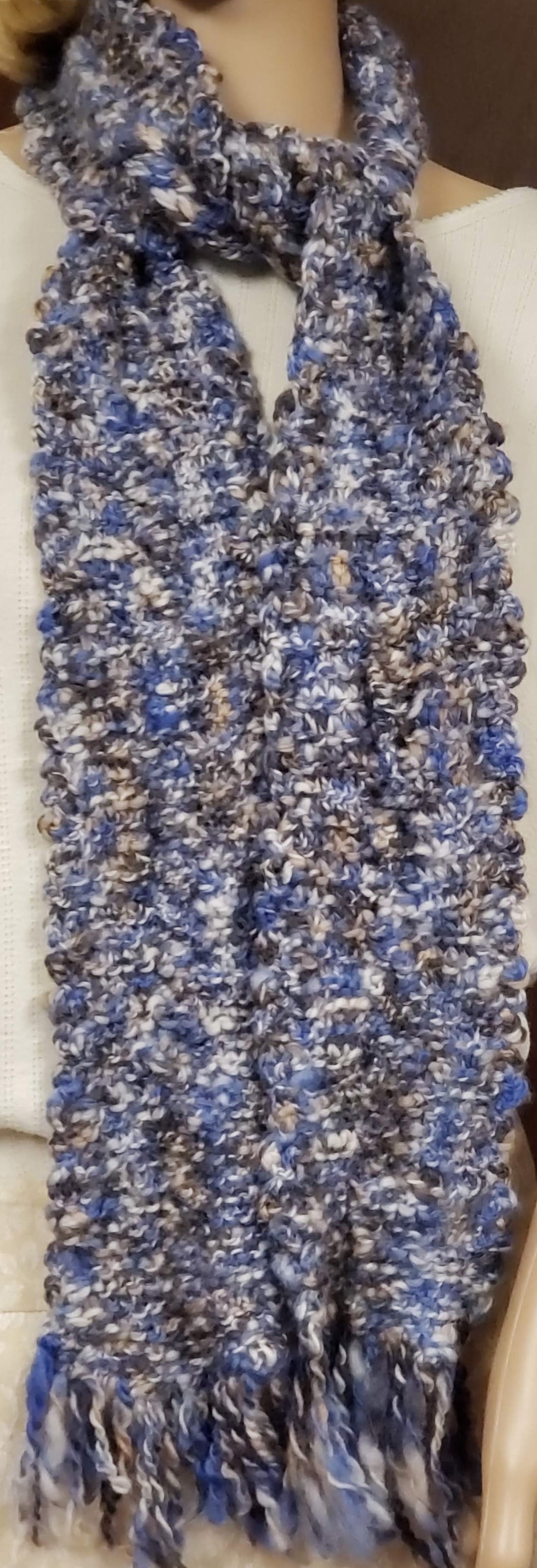Scarf Hand Knit Blue White Tan Cable - nw-camo