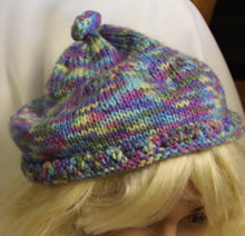 Load image into Gallery viewer, Hand Knit Rolled Brim Hat in Pastels - Blue, Purple &amp; Yellow - nw-camo
