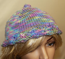 Load image into Gallery viewer, Hand Knit Rolled Brim Hat in Pastels - Blue, Purple &amp; Yellow - nw-camo