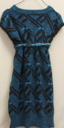 Hand Knit Girls Jumper Dress Blue and Black Pattern - nw-camo