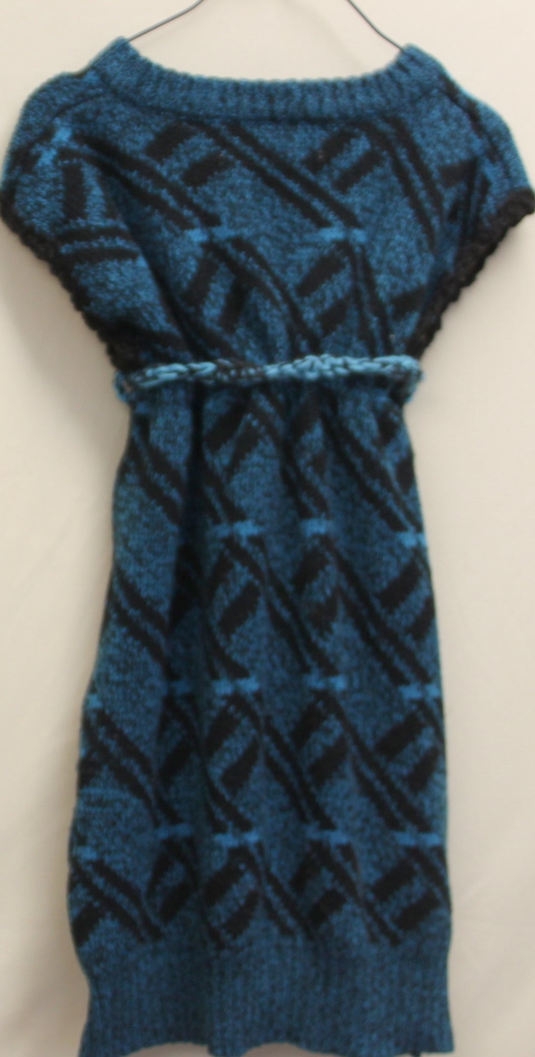 Hand Knit Girls Jumper Dress Blue and Black Pattern - nw-camo