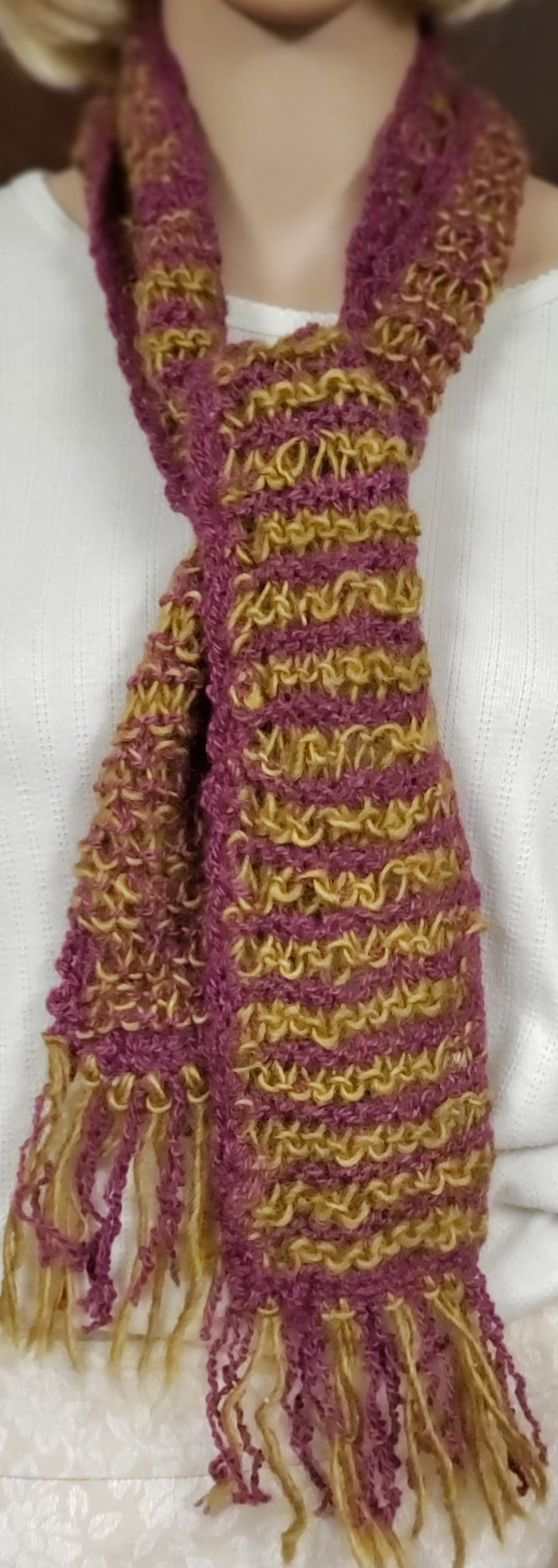 Wool Scarf Hand Knit Gold and Magenta - nw-camo