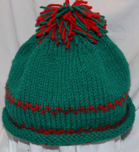 Rolled Brim Hat Hand Knit Green and Red - nw-camo