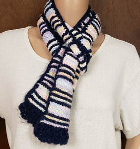 Scarf Hand Knit Navy Pastels