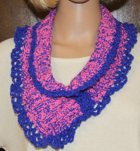 Cowl Hand Knit Hot Pink Blue