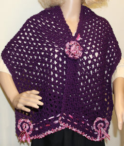Shawl Hand Knit Purple with Pink Flowers - nw-camo
