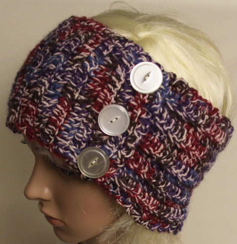 Button Hand Knit Headband Hat- White, Rust, & Blue - nw-camo