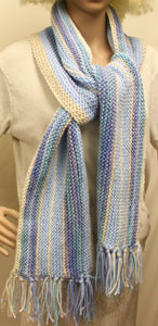 Hand Knit Scarf Blue White and Lavender - nw-camo