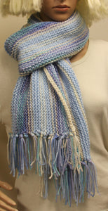 Hand Knit Scarf Blue White and Lavender - nw-camo