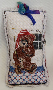 Cross Stitch Hand Knit Pin Cushion with Teddy Bear Picture - nw-camo