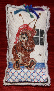 Cross Stitch Hand Knit Pin Cushion with Teddy Bear Picture - nw-camo
