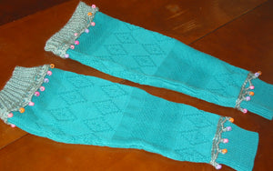 Beaded Leggings Turquoise Cotton with Hand Knit Trim - nw-camo