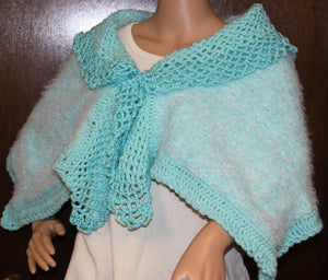 Turquoise Collared Poncho Shawl Hand Knit