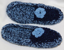 Load image into Gallery viewer, Slippers - Hand Crocheted 2-tone Blue with Flower Accent - nw-camo
