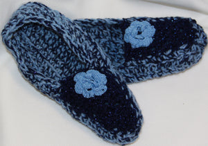 Slippers - Hand Crocheted 2-tone Blue with Flower Accent - nw-camo
