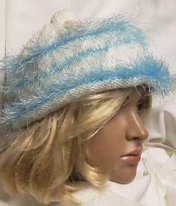 Hand Knit White Hat - Blue Accent - nw-camo