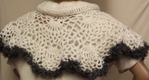 Capelet Shawl Hand Crocheted White & Grey - nw-camo