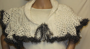 Capelet Shawl Hand Crocheted White & Grey - nw-camo