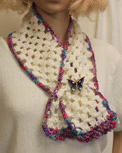 White Cowl with Ribbon & Butterfly Accent Crocheted - nw-camo