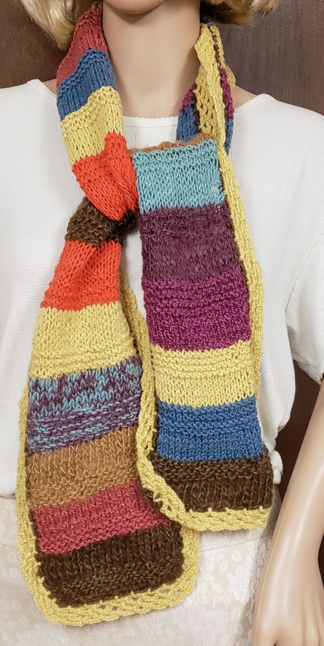 Wool Scarf Hand Knit Stripes Gold Trim - nw-camo