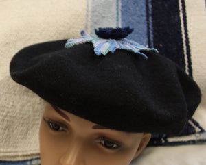 Wool Beret Hat with Hand Crochet Blue Floral Accents - nw-camo